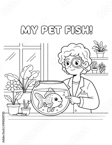 Vector illustration of a child holding a fishbowl with a pet fish