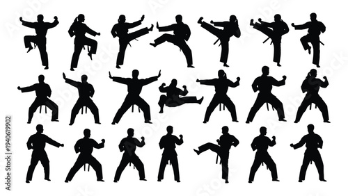 Black silhouettes of people performing various martial arts poses