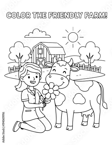Coloring page of a girl with a cow on a farm