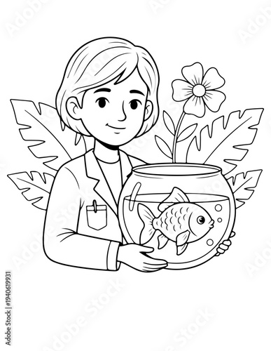 Vector illustration of a smiling child holding a fishbowl with a goldfish