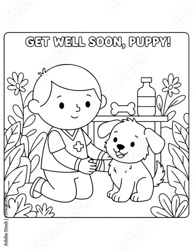 Get Well Soon Puppy Coloring Page Vector Illustration