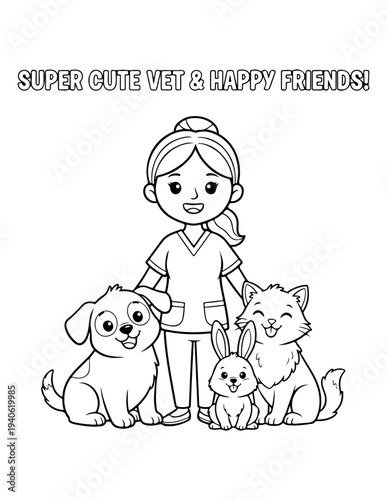 Vector illustration of cute vet with happy pets