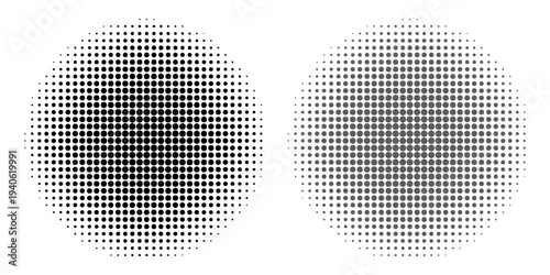Set of halftone dots gradient pattern texture isolated on white background. Straight dotted spots using halftone circle dot raster texture.