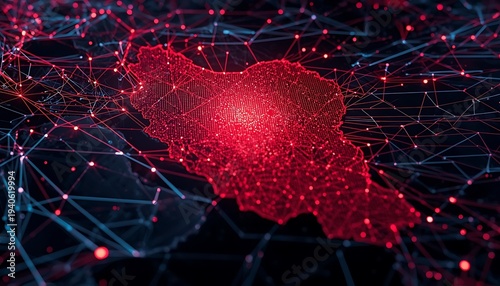 A digital map of Iran highlighted in red amidst a complex network of glowing blue and red lines and dots