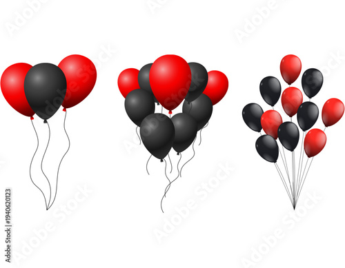 Three distinct groups of red and black balloons floating with strings on a white background, perfect for celebrations and parties.