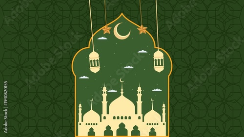 footage ramadan kareem with illlustration of lantern and mosque. animation of Islamic celebration with mosque illustration and Islamic ornaments