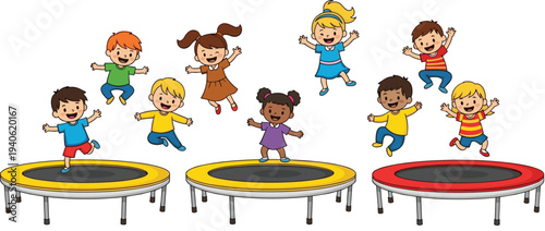 Set of cute cartoon children jumping and bouncing on colorful trampolines for fun and exercise isolated on white background