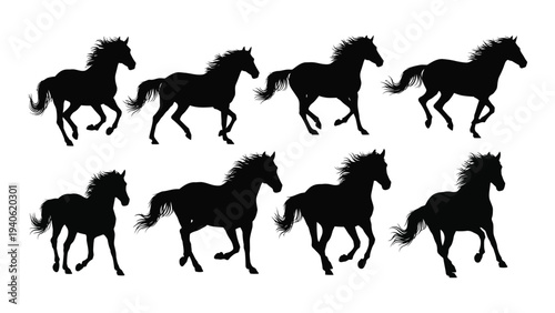 A group of running horses in various positions