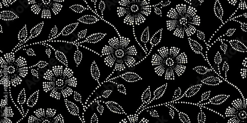 Canvastavla Intricate floral pattern with dotted flowers on a black background