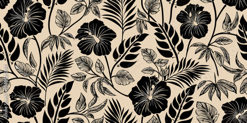 Elegant tropical leaves create a seamless black and beige pattern
