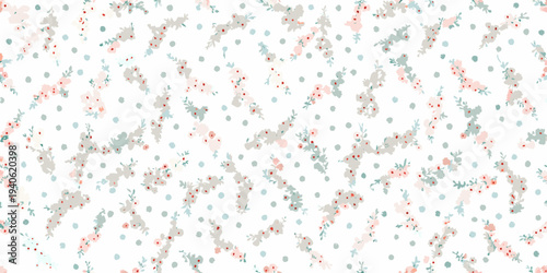 Delicate floral pattern with scattered dots on a white background