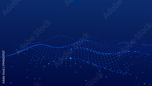 Abstract digital landscape with glowing particles and winding light trails