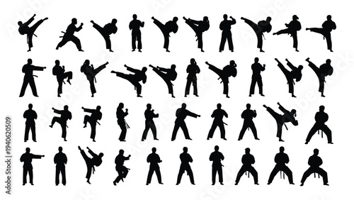 A collection of thirty two different martial arts poses and movements