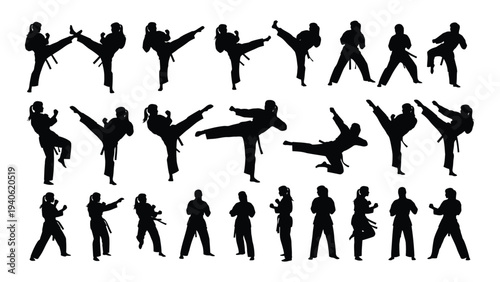 Silhouettes of people performing various martial arts poses and movements
