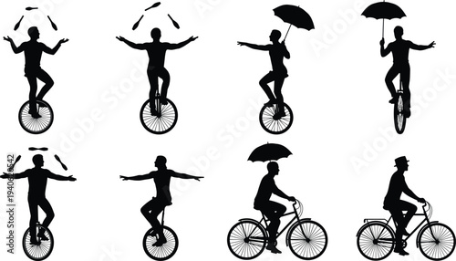 "Creative silhouettes of circus performers on unicycles and bicycles, juggling clubs and umbrellas, whimsical artistic vector illustration"