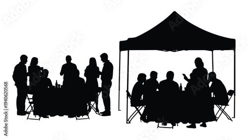 A group of people sitting and standing under a canopy tent