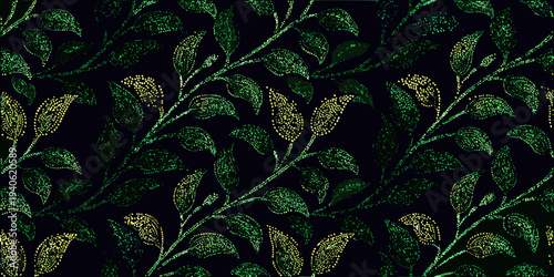 Abstract botanical pattern with shimmering green and gold leaves on black
