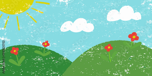 A child s drawing of a sunny landscape with hills flowers and clouds
