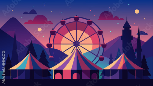 Ferris wheel and tents at dusk landscape