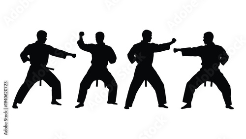 Four black silhouettes of men in different martial arts fighting stances