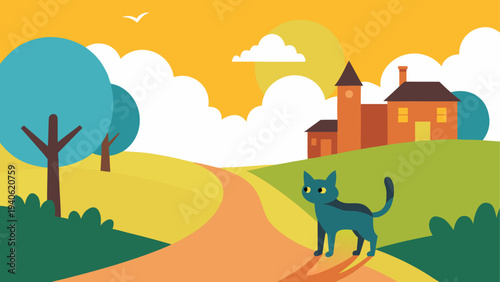 Colorful countryside landscape, rural road, house, cat, sunny day, vector illustration