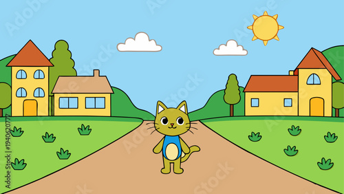 Cartoon cat, suburban scene, vector illustration, children's artwork
