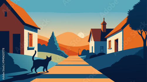 Vector illustration, rural village, orange sunset, cat on road, countryside landscape