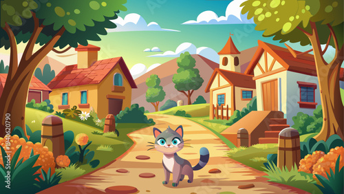 Cartoon cat, village scene, colorful houses, rural landscape, illustration