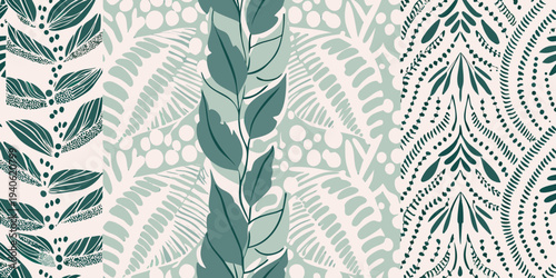 Abstract botanical pattern with teal and pale pink foliage designs