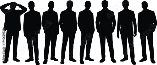 Business men silhouettes collection standing in different poses wearing formal suits representing corporate professionals, leadership, teamwork and office workforce concept in vector style.