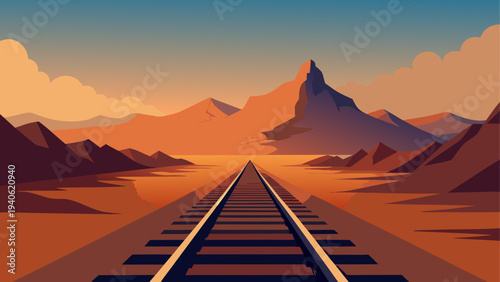 Train tracks leading to distant mountains