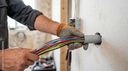 Worker's gloved hands pull colorful electrical wires through a conduit pipe in a wall during a construction project