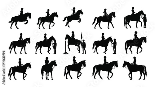 A collection of silhouettes of people riding horses in various positions