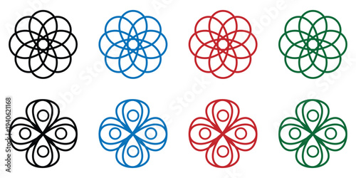 Colorful geometric mandala designs vector set with intricate patterns and floral symmetry in black red blue green