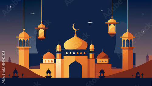 Illustration of a golden mosque at night