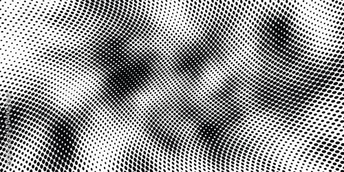 black white halftone dots distortion background, abstract wave dot pattern, optical illusion dotted texture, modern digital design.