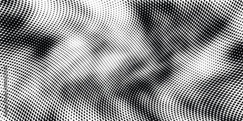 Abstract black white halftone dots distortion background, abstract wave dot pattern, optical illusion dotted texture, modern digital design. vector design