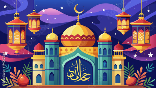 Illustration of a mosque with lanterns