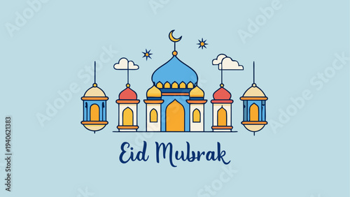 Eid mubarak with mosque and hanging lanterns