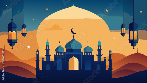 Illustration of a mosque at night scene