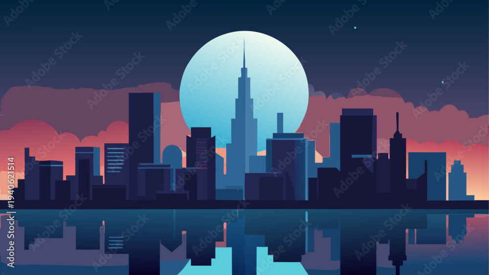 Fototapeta premium Cityscape silhouette with moon reflection
