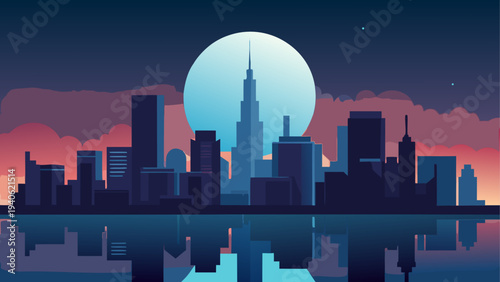 Cityscape silhouette with moon reflection