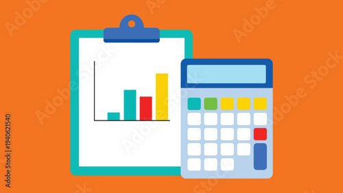 Colorful calculator and clipboard with bar chart on orange background blue clip
