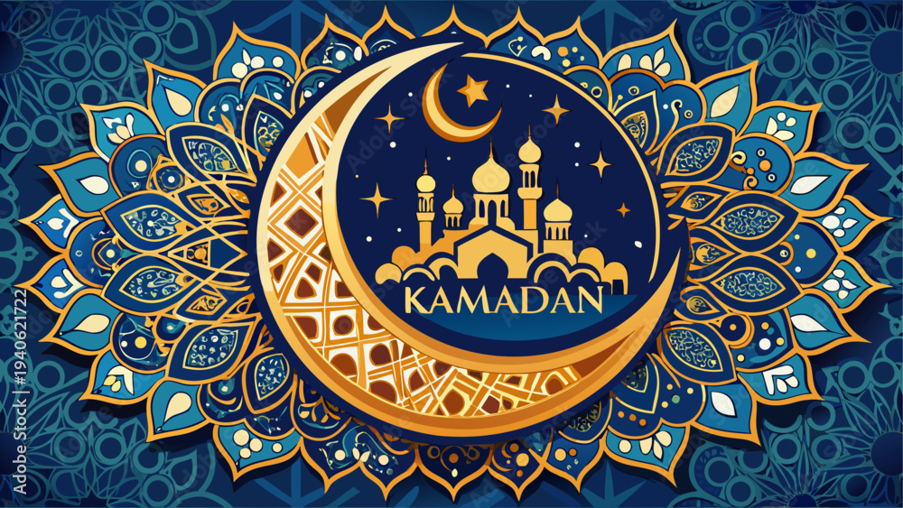 Naklejka premium Ramadan crescent with mosque illustration
