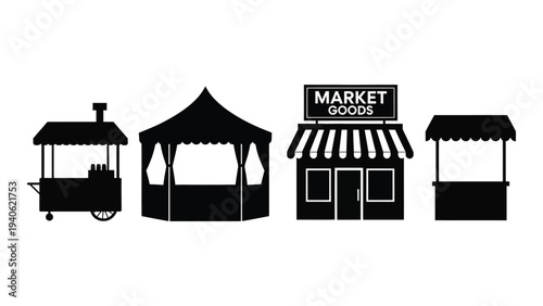 A set of market stalls and a food cart