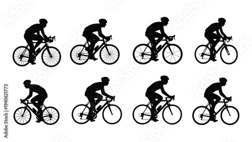 A set of silhouettes of a man riding a bicycle in different positions
