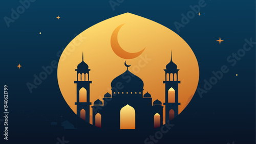 Silhouette of mosque with moon background