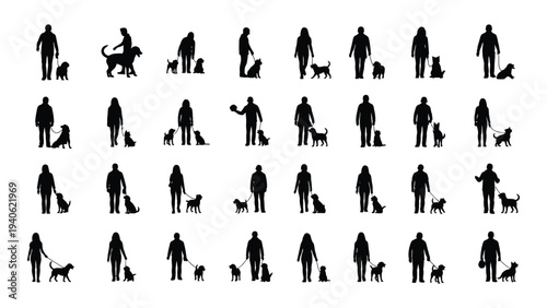 A collection of people and their dogs in various poses