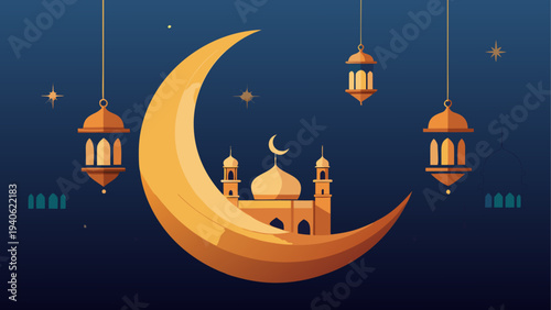 Illustration of mosque with moon and lamps