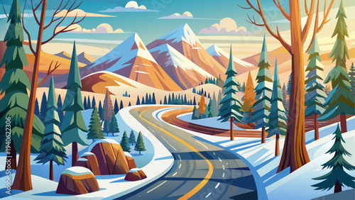 Winter road through mountains and forest